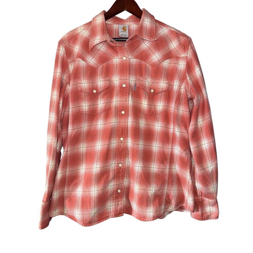 Carhartt Button Up Shirt Womens L Pink Plaid Flannel Western Cowgirl Pearlsnap